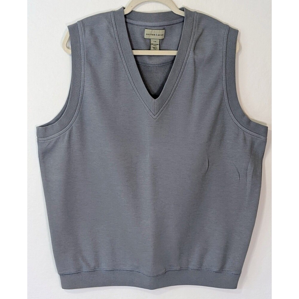 Cutter & Buck Golf Vest Men L Gray V-Neck 100% Cotton Pique Knit Sleeveless
